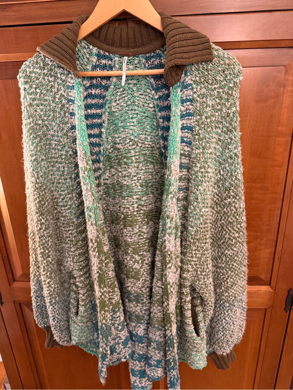 Free People Green & Teal Chunky Check Knit Cardigan with Brown Rib Collar